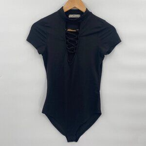 Gage USA Womens Black Strappy V Neck Front Short Sleeve Bodysuit M